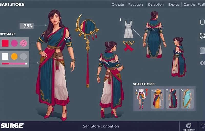 Sari Store Surge Fashion Designer Mode Concept art for Sari Store Surge upcoming fashion designer mode showing a player creating a custom sari design