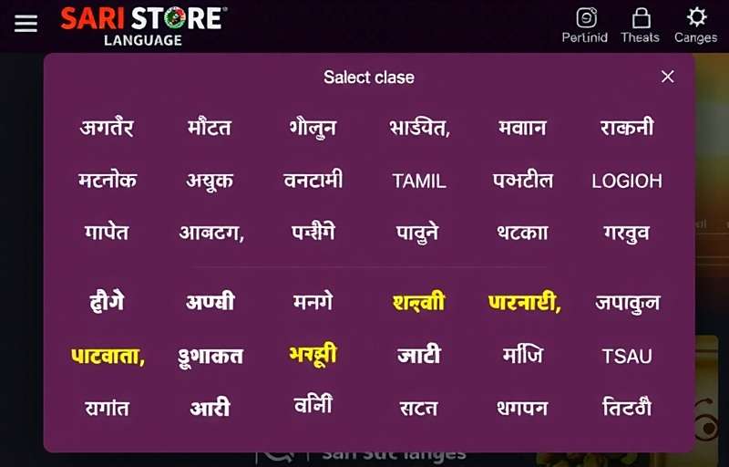 Sari Store Surge Localization Options Sari Store Surge language selection screen showing 14 Indian languages including Hindi, Bengali, Tamil, and Telugu
