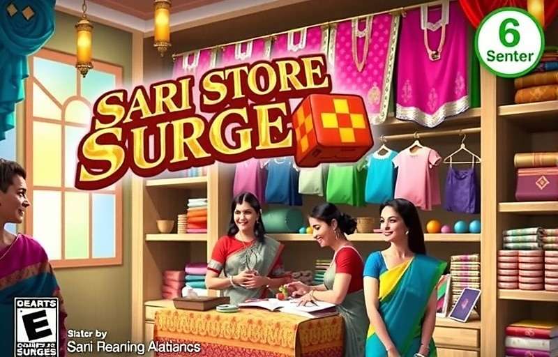 Sari Store Surge Game Cover Sari Store Surge game cover showing a vibrant Indian sari shop with customers and colorful fabrics